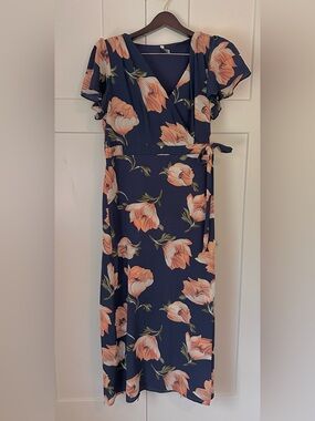 Wrap Maxi Dress in Navy with Peach Floral Print
